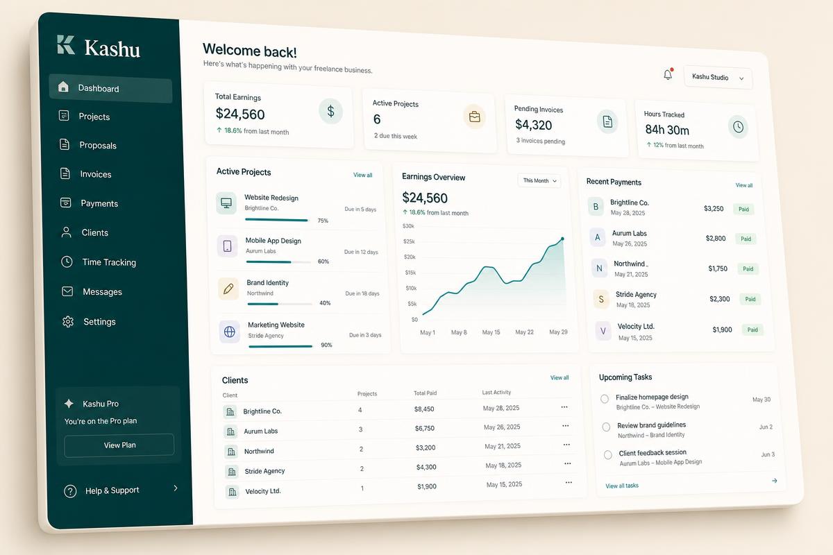 Kashu dashboard interface showing workflow and payments overview
